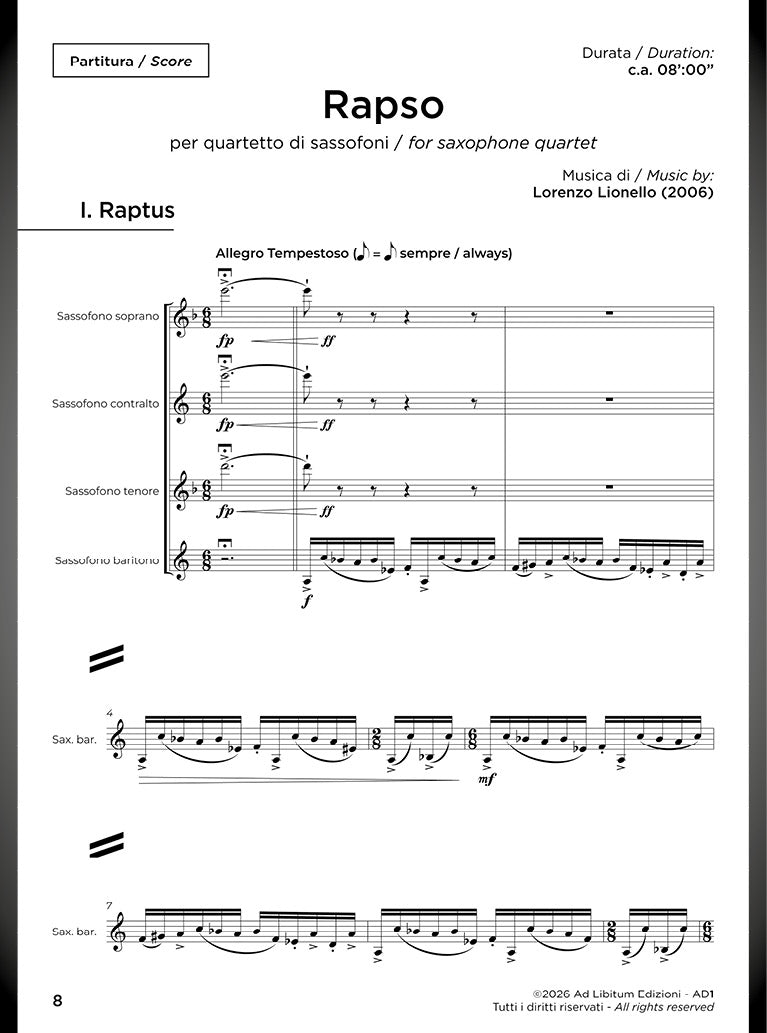Rapso, per quartetto di sassofoni (SATB) - DIGITAL VERSION