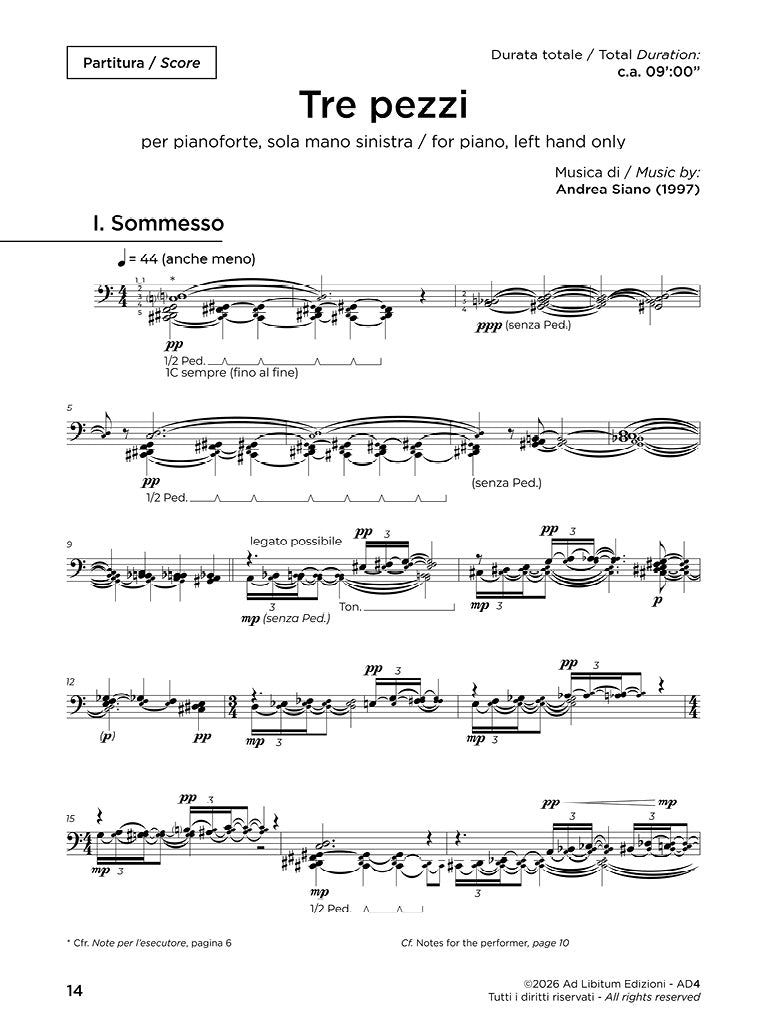 Tre pezzi, per pianoforte, sola mano sinistra