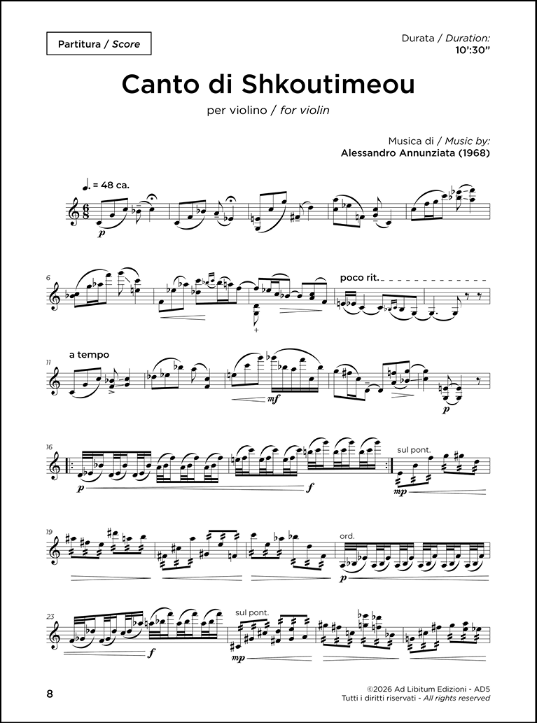 Canto di Shkoutimeou, per Violino